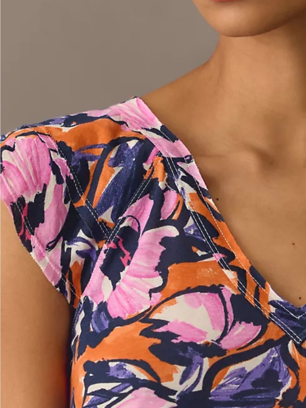 Maeve by Anthropologie Carie Tee Floral V-Neck Top Orange w/ Pink & Navy Blooms - Picture 10 of 12